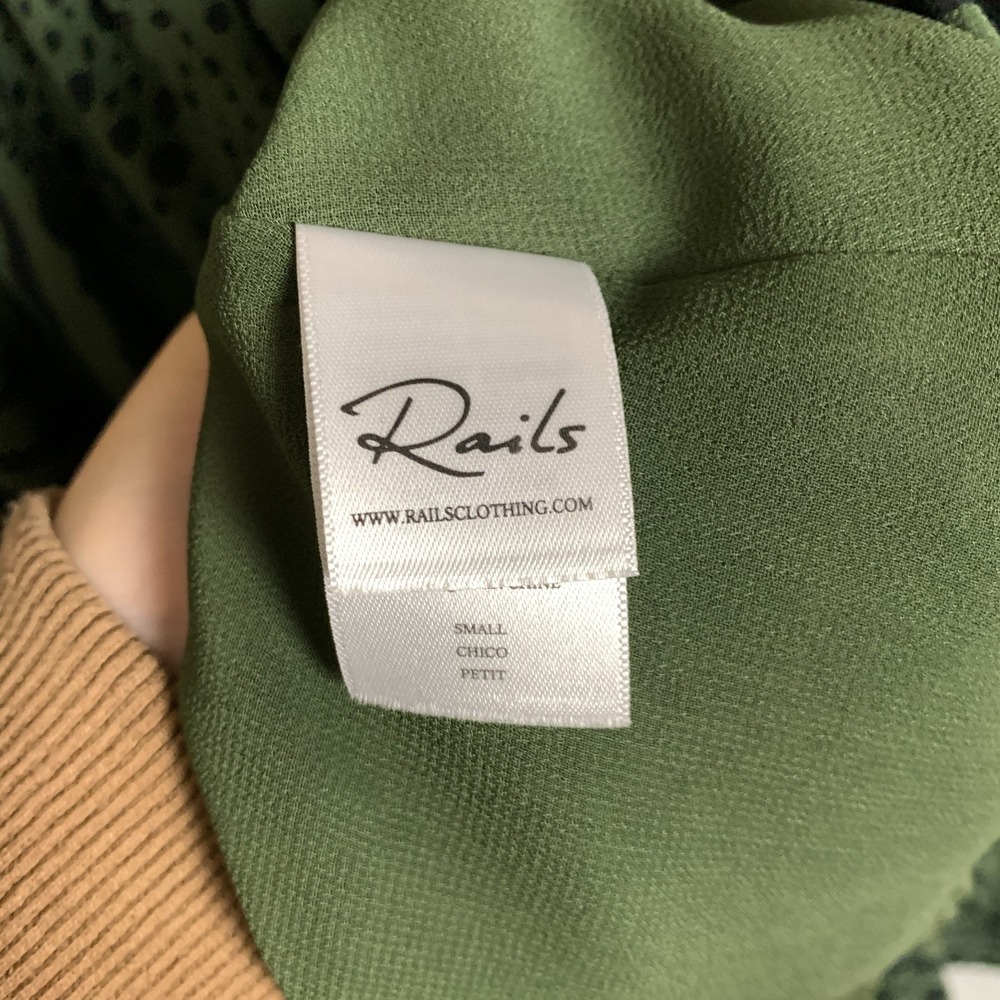 Rails Zana Mini Dress Size Small S Olive Mixed Animal Stripe Crepe Smocked Waist - Picture 6 of 11